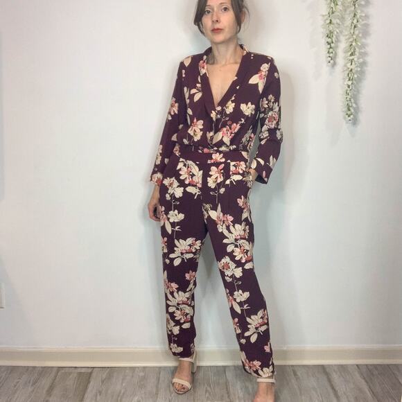 ZARA floral jumpsuit long sleeve faux wrap pockets straight leg boho 70s 2408 - Picture 11 of 12